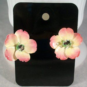 Vintage Enamel Apple Blossom Clip on Earrings
